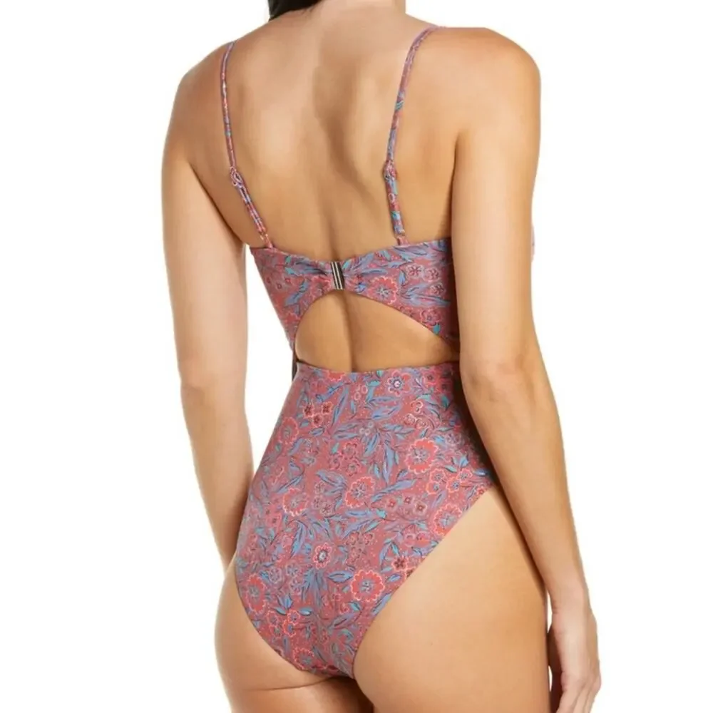 VERONICA BEARD New Aniston Swimsuit Spicy Floral Red Cutout One Piece Medium - Picture 2 of 8